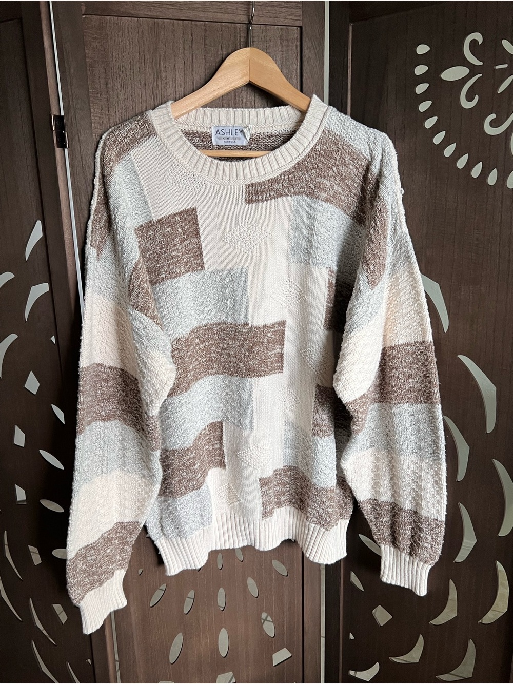 Ashley By 26 International Cream, Brown & Light Gray Geometric Crewneck Sweater